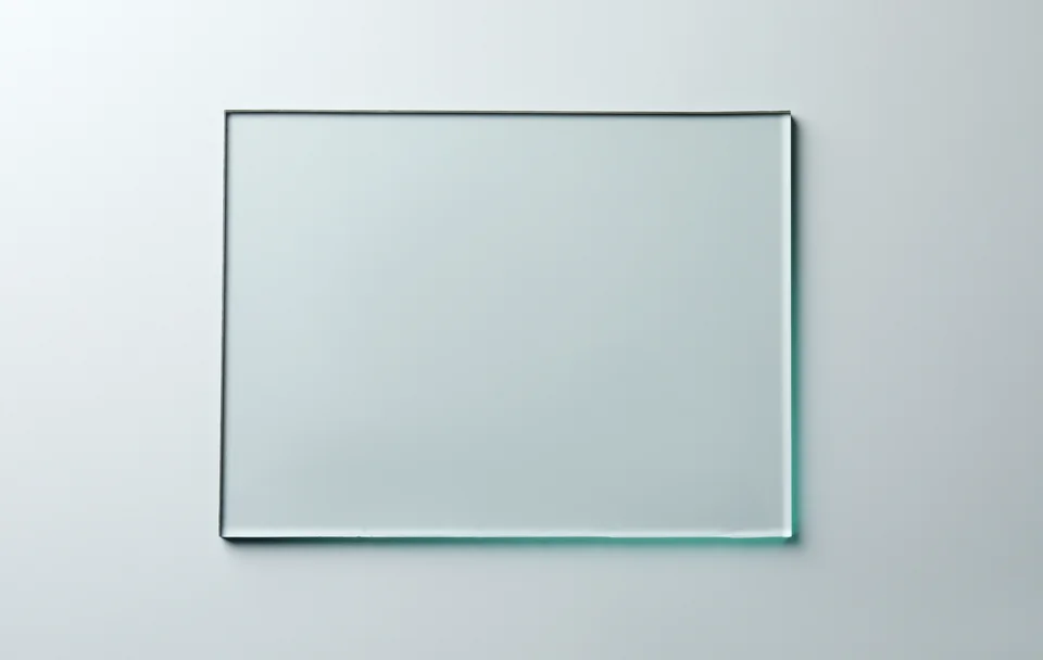 A broad rectangular clear glass pane viewed straight on against a pale blue-gray background.
