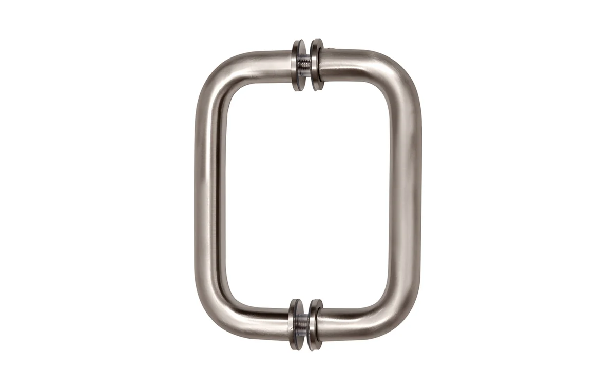 Brushed nickel tubular pull handle.