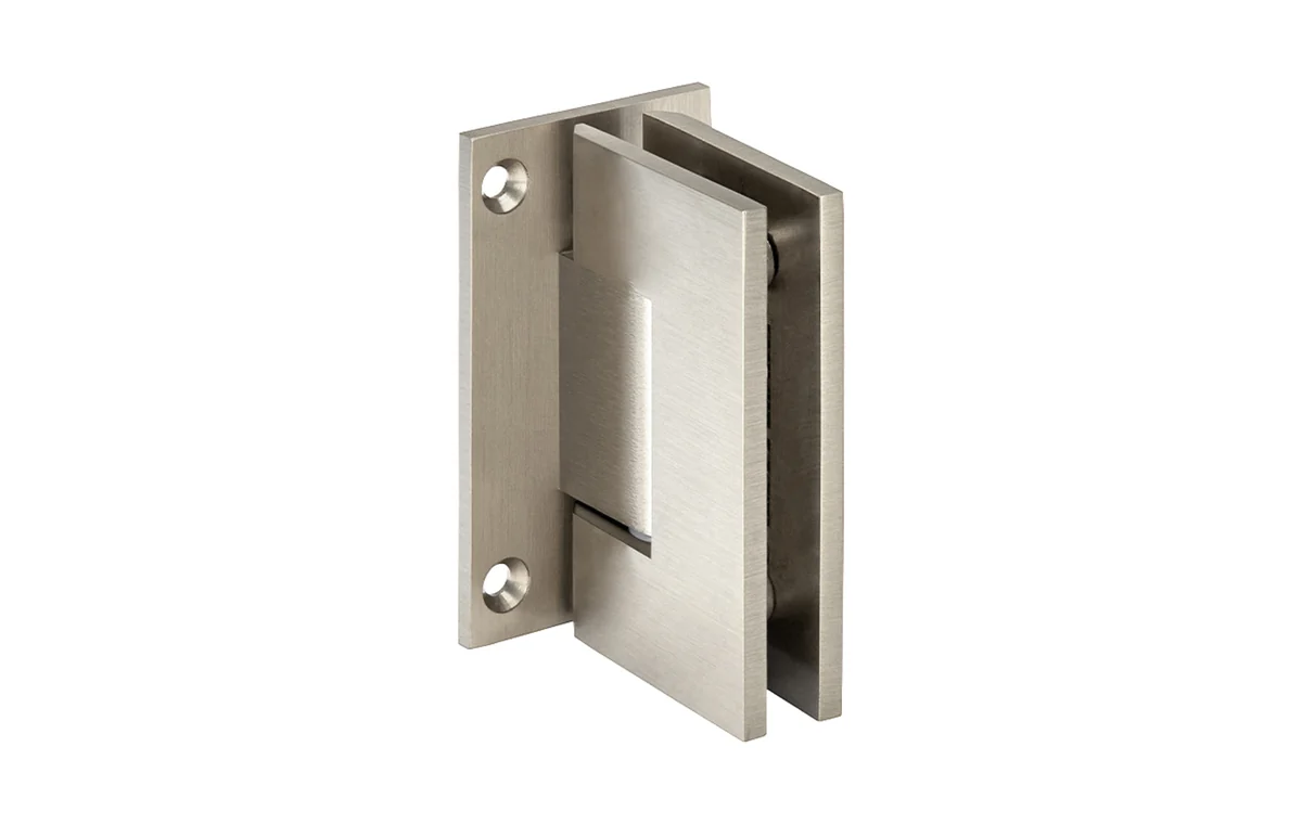 Brushed nickel wall-mount shower hinge.