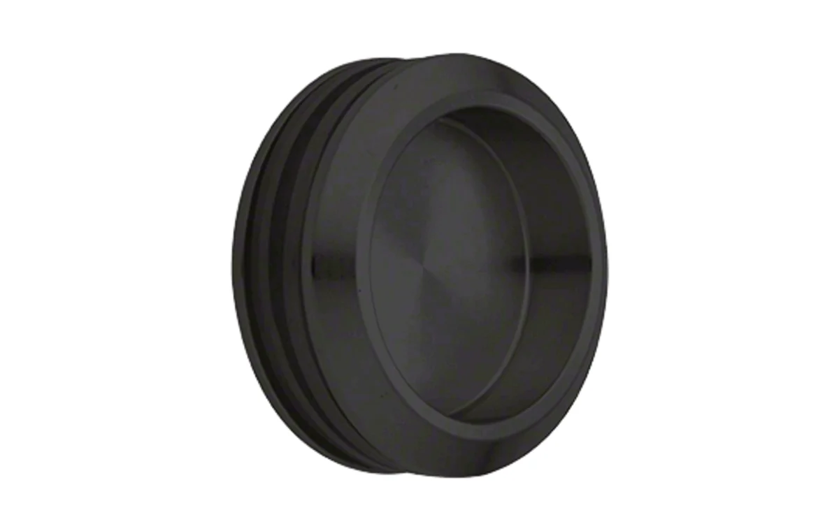 Matte black round finger pull hardware example.