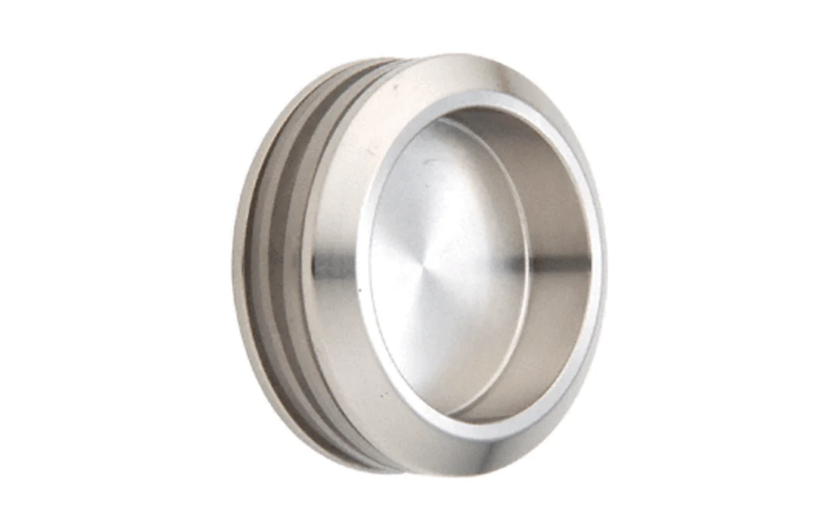Brushed stainless steel round finger pull hardware example.