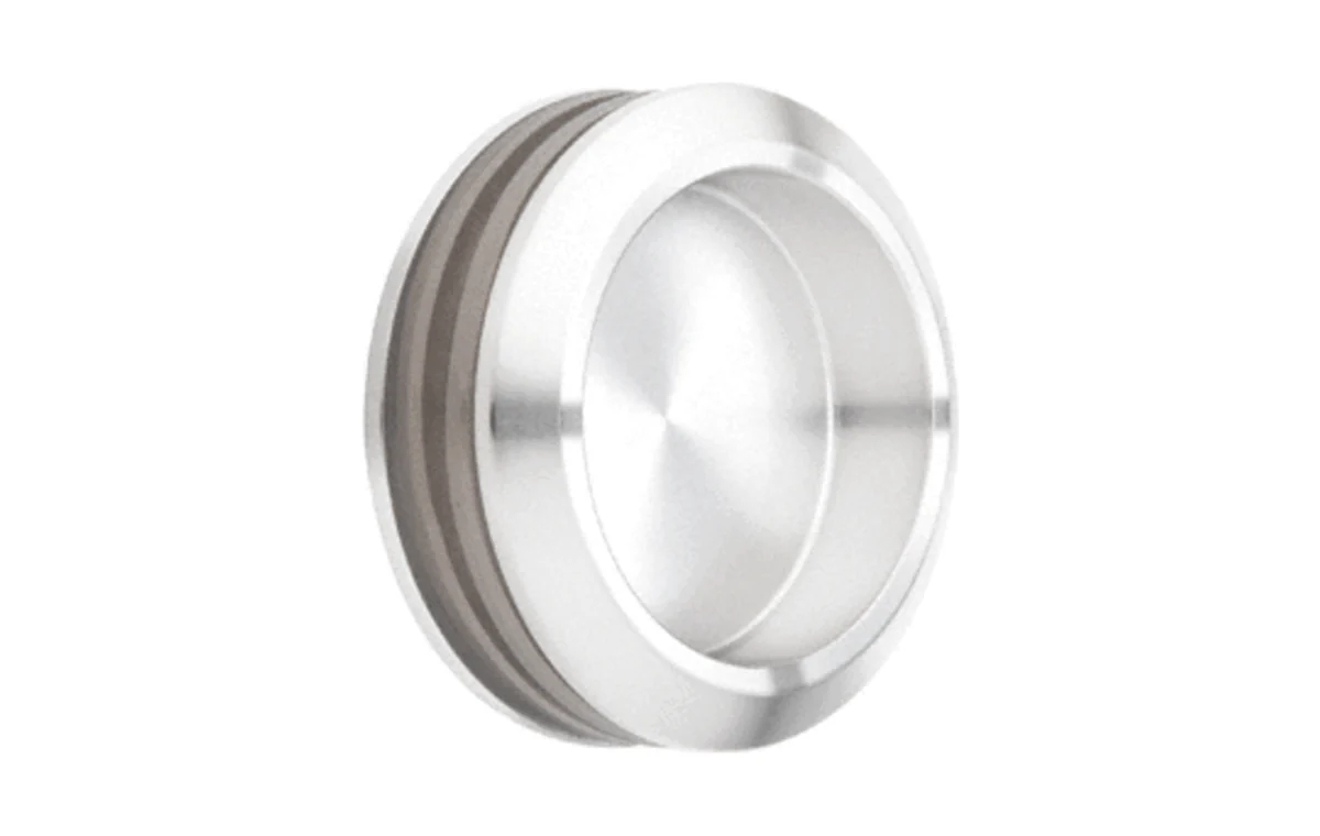 Polished stainless steel round finger pull hardware example.