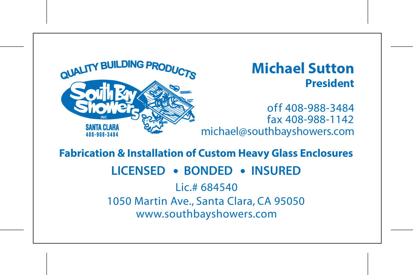 The vintage South Bay Showers logo with the shower-door mascot drawn by one of our installers.